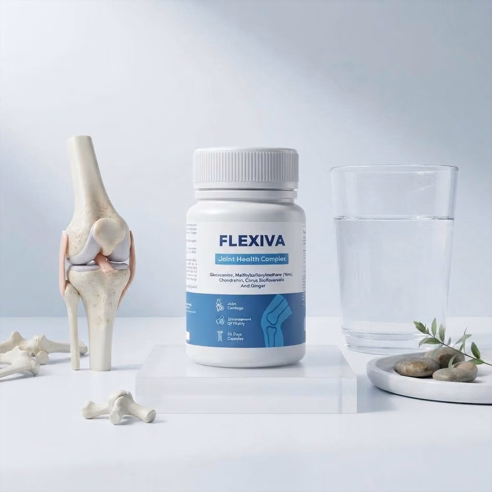Pot Flexiva op een witte sokkel naast een model van een kniegewricht en een glas water